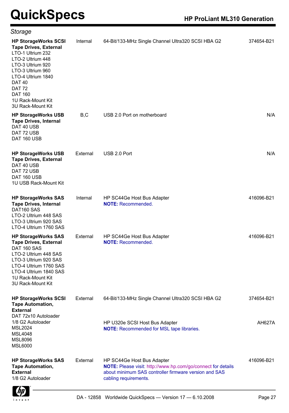 Quickspecs, Hp proliant ml310 generation 5 storage | HP ProLiant Generation ML310 User Manual | Page 27 / 32