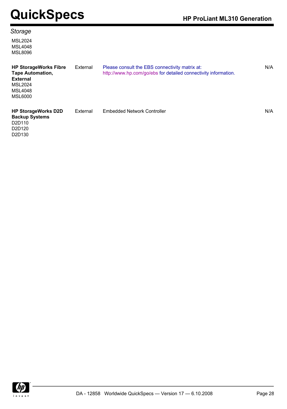 Quickspecs, Hp proliant ml310 generation 5 storage | HP ProLiant Generation ML310 User Manual | Page 28 / 32