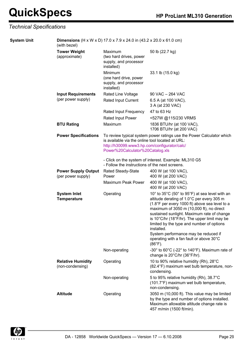 Technical specifications, Quickspecs | HP ProLiant Generation ML310 User Manual | Page 29 / 32