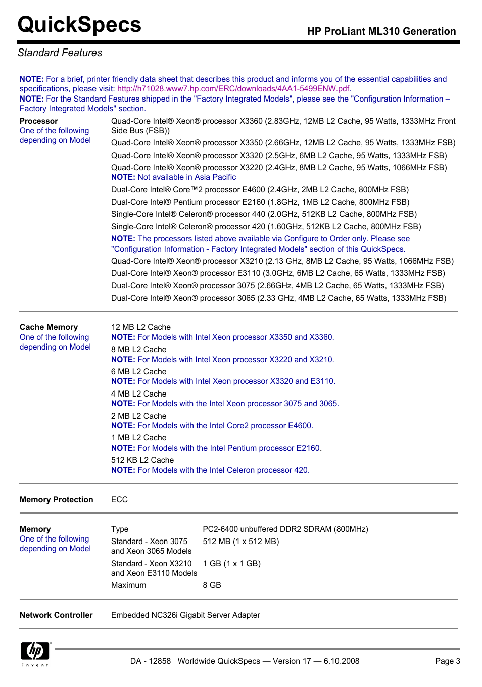 Standard features, Quickspecs, Hp proliant ml310 generation 5 standard features | HP ProLiant Generation ML310 User Manual | Page 3 / 32