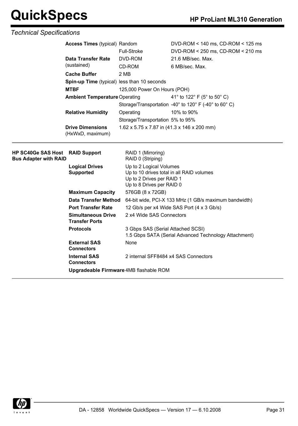 Quickspecs | HP ProLiant Generation ML310 User Manual | Page 31 / 32