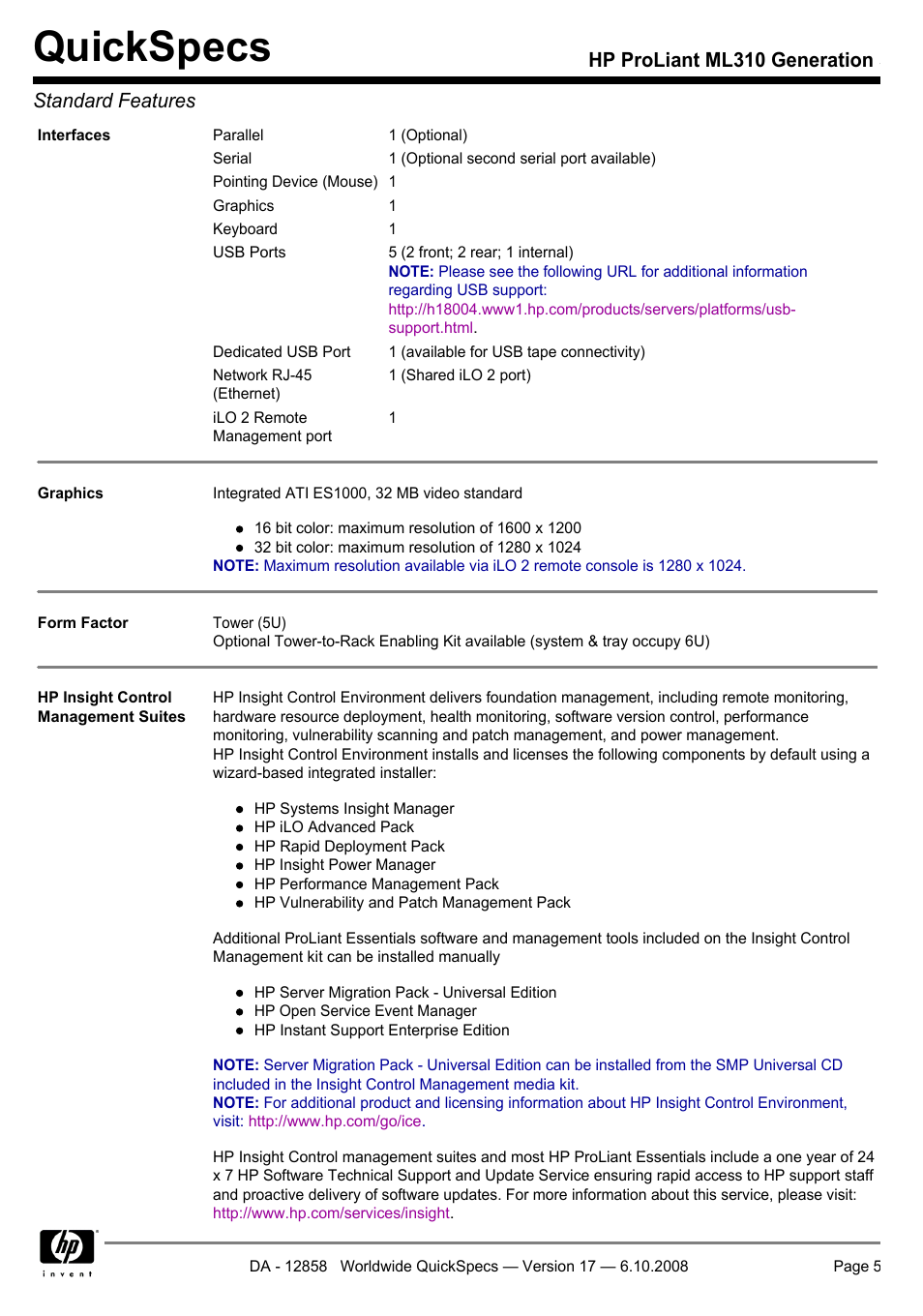 Quickspecs, Hp proliant ml310 generation 5 standard features | HP ProLiant Generation ML310 User Manual | Page 5 / 32