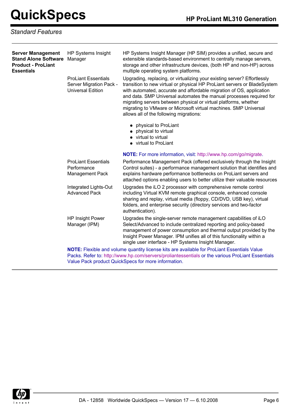 Quickspecs, Hp proliant ml310 generation 5 standard features | HP ProLiant Generation ML310 User Manual | Page 6 / 32