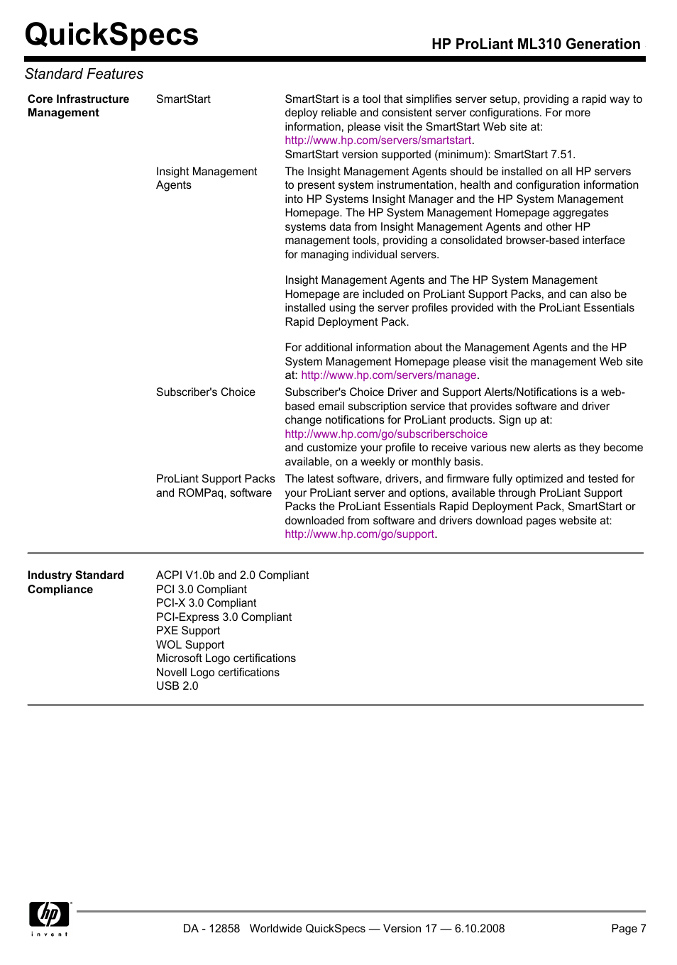 Quickspecs, Hp proliant ml310 generation 5 standard features | HP ProLiant Generation ML310 User Manual | Page 7 / 32