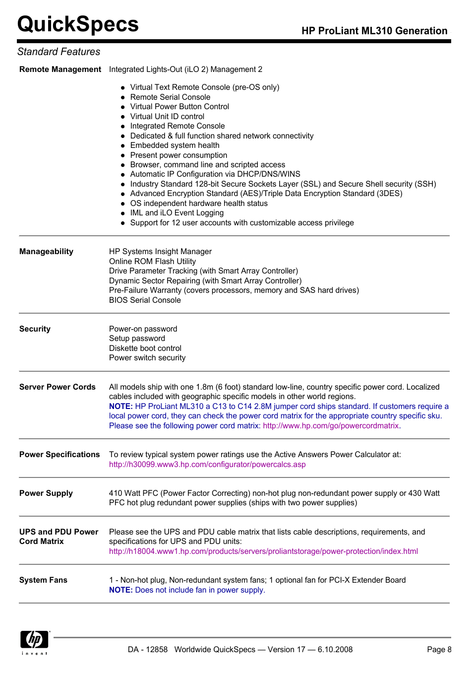 Quickspecs, Hp proliant ml310 generation 5 standard features | HP ProLiant Generation ML310 User Manual | Page 8 / 32
