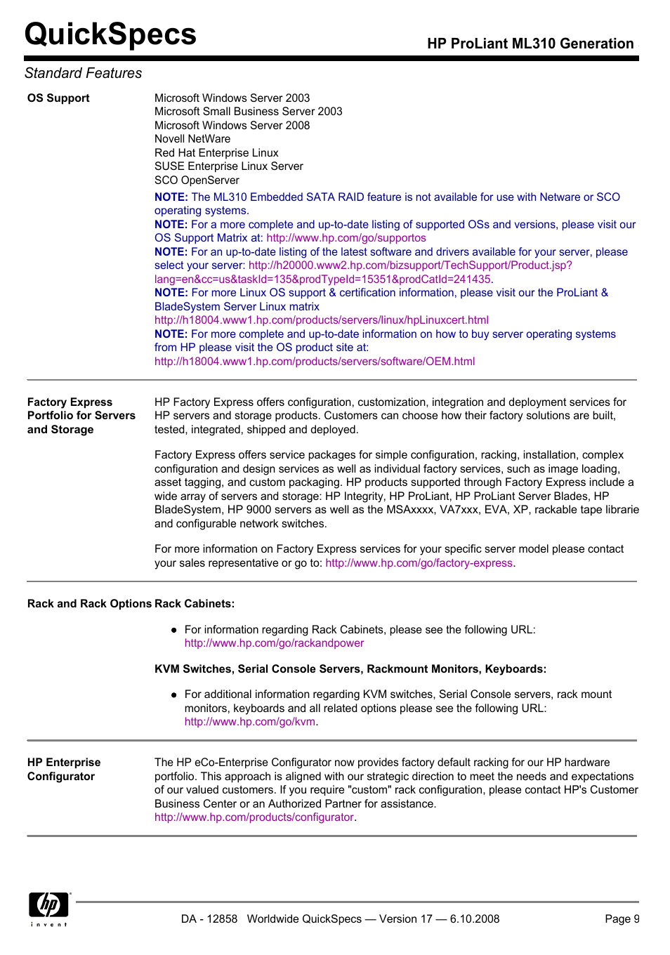 Quickspecs, Hp proliant ml310 generation 5 standard features | HP ProLiant Generation ML310 User Manual | Page 9 / 32