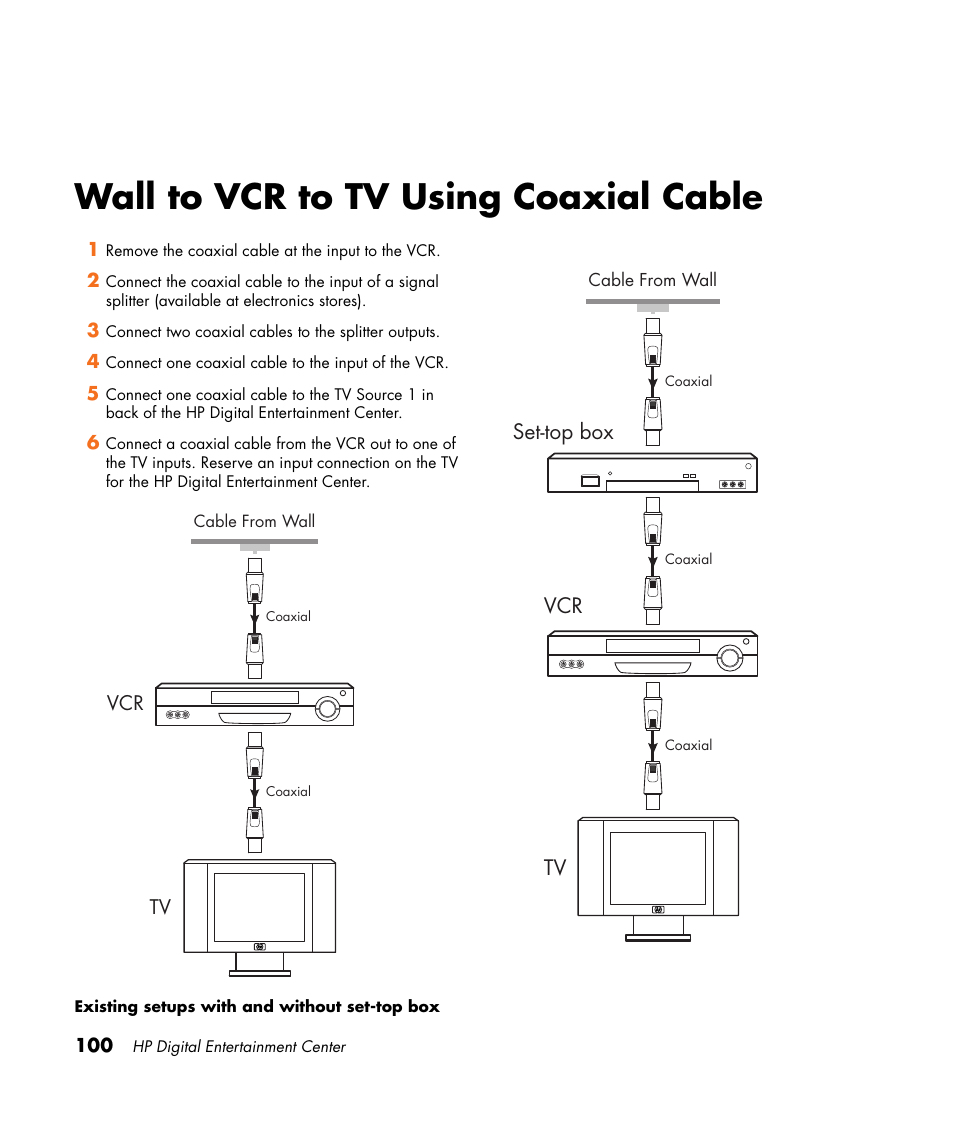 Wall to vcr to tv using coaxial cable | HP 2000491 User Manual | Page 106 / 180
