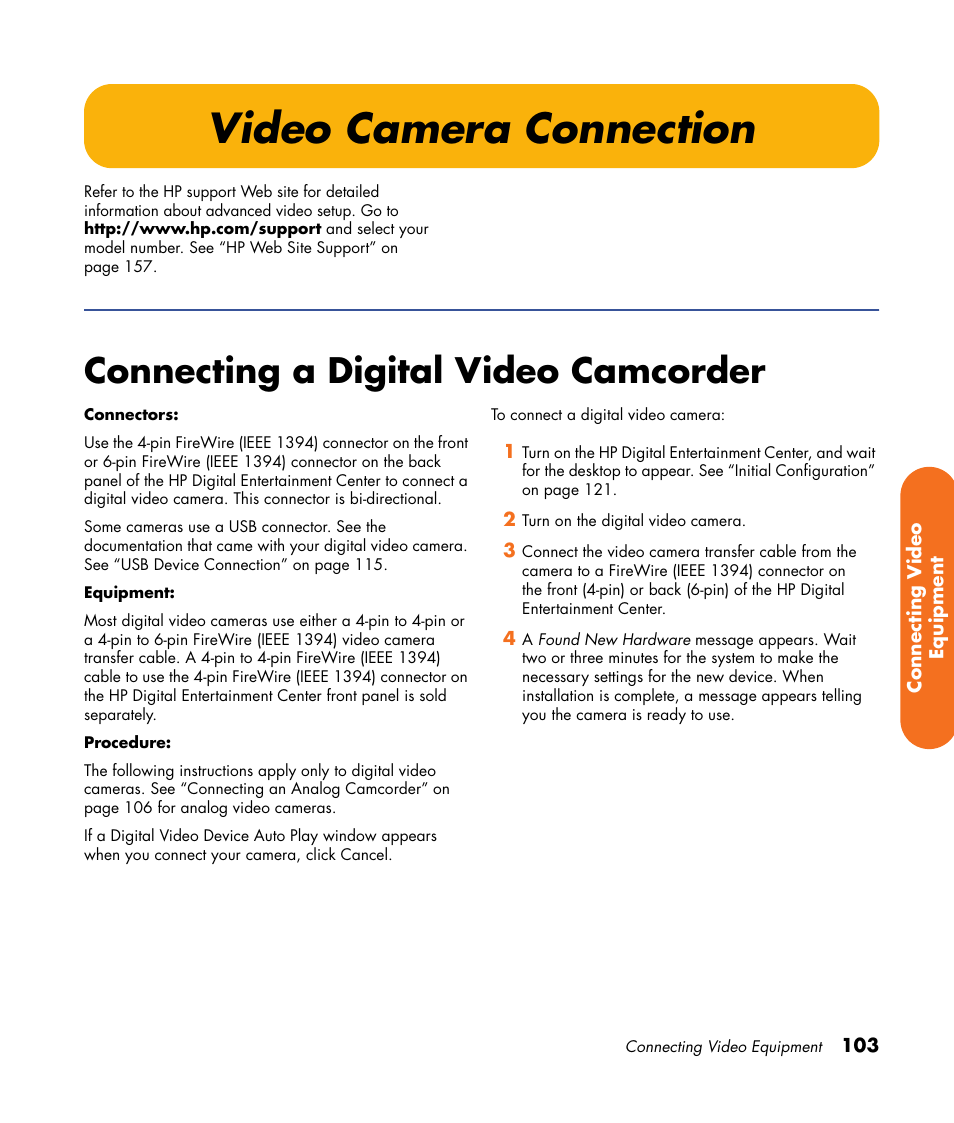 Video camera connection, Connecting a digital video camcorder | HP 2000491 User Manual | Page 109 / 180