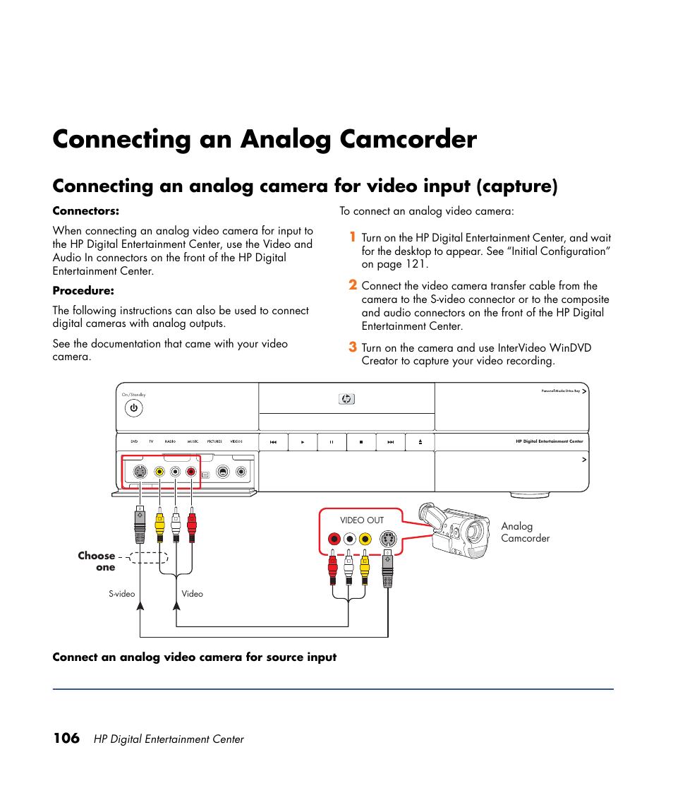 Connecting an analog camcorder | HP 2000491 User Manual | Page 112 / 180