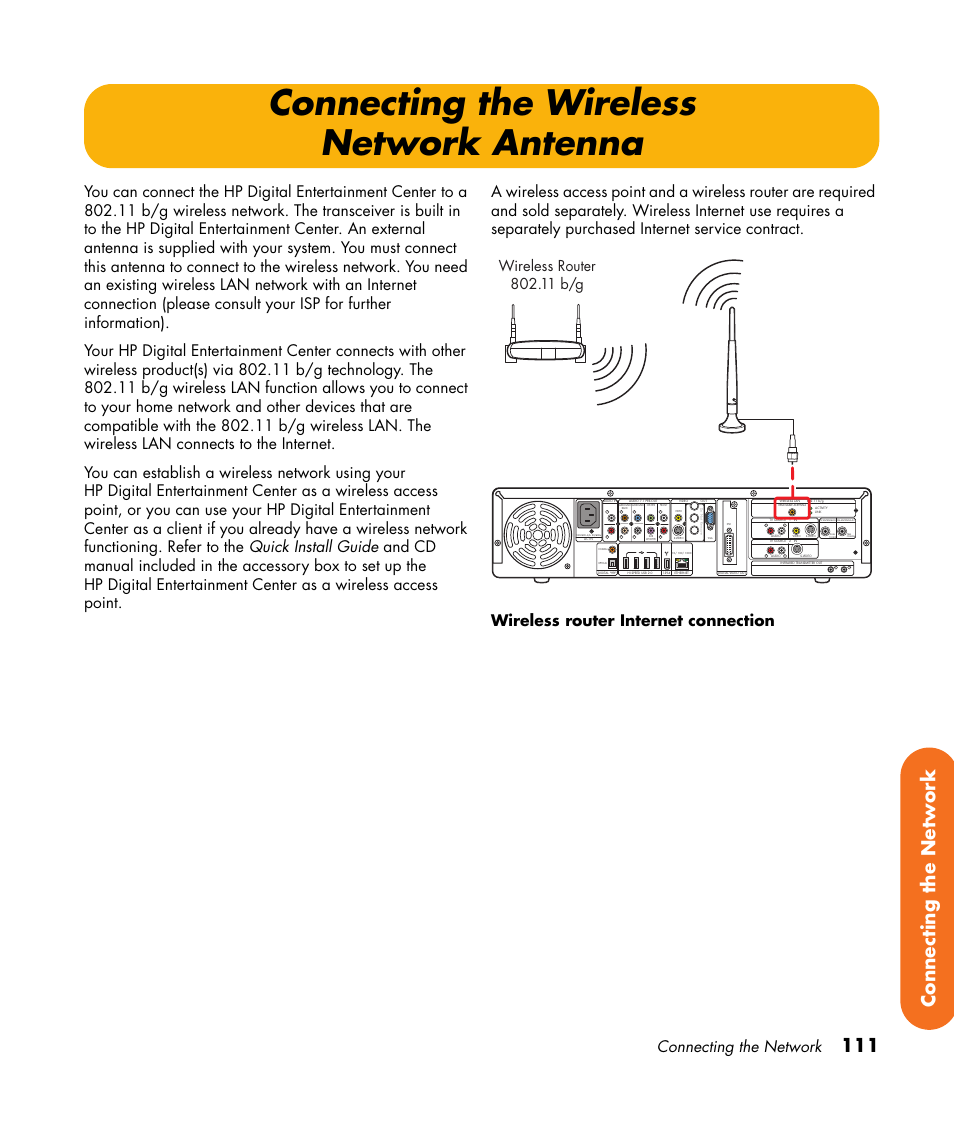 Connecting the wireless network antenna, 111 connecting the network, Connecting the network | Audio out | HP 2000491 User Manual | Page 117 / 180