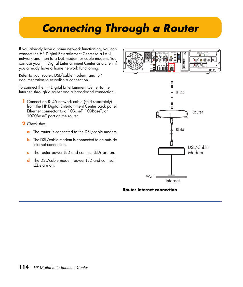 Connecting through a router, Router, Internet dsl/cable modem | Hp digital entertainment center, Rj-45 wall, Rj-45 | HP 2000491 User Manual | Page 120 / 180