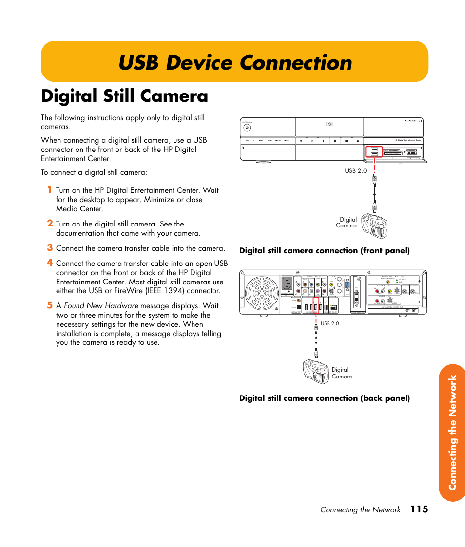 Usb device connection, Digital still camera, 115 connecting the network | Connecting the network, Connect the camera transfer cable into the camera, Usb 2.0 digital camera, Digital camera, Usb 2.0 | HP 2000491 User Manual | Page 121 / 180