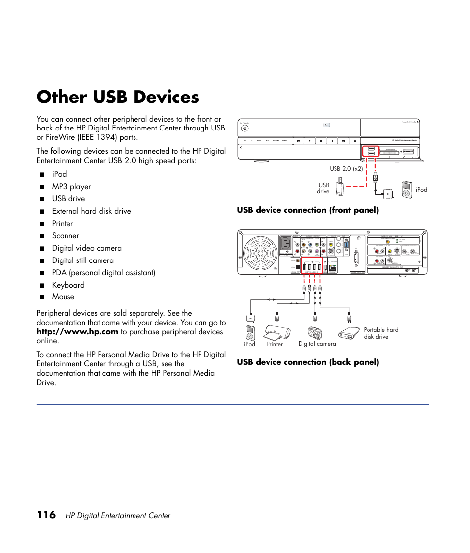 Other usb devices, Hp digital entertainment center, Ipod | Mp3 player, Usb drive, External hard disk drive, Printer, Scanner, Digital video camera, Digital still camera | HP 2000491 User Manual | Page 122 / 180