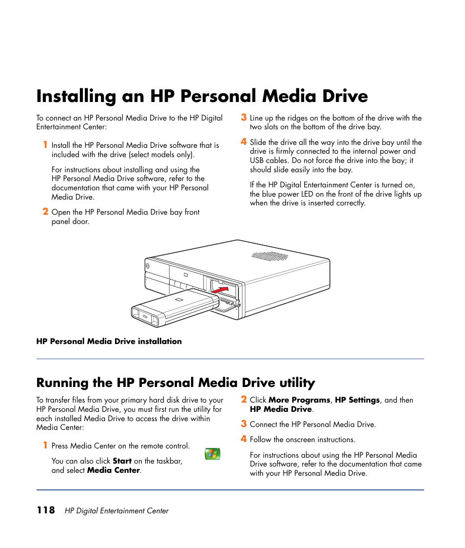 Installing an hp personal media drive, Running the hp personal media drive utility | HP 2000491 User Manual | Page 124 / 180