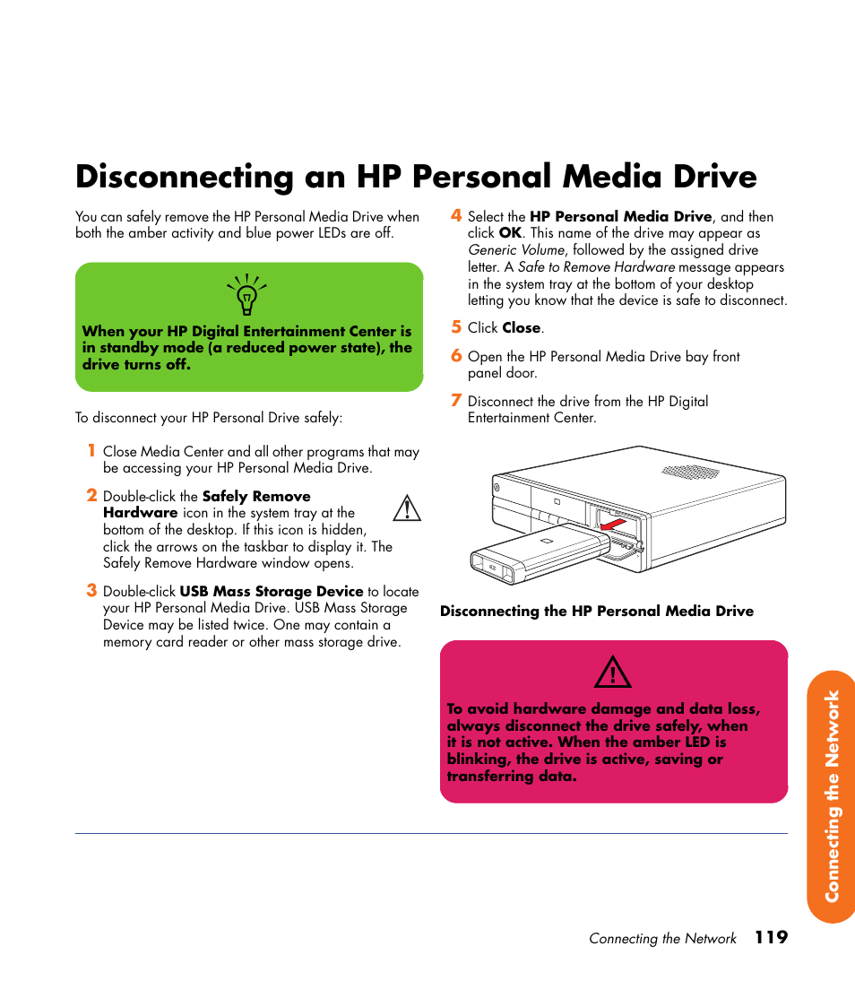 Disconnecting an hp personal media drive | HP 2000491 User Manual | Page 125 / 180