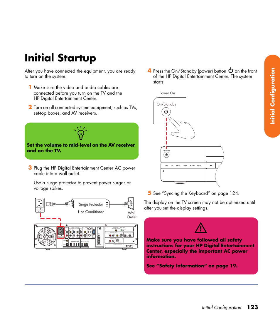 Initial startup, 123 initial configuration, Initial configuration | Audio out, Wall outlet surge protector line conditioner, Power on on/standby | HP 2000491 User Manual | Page 129 / 180