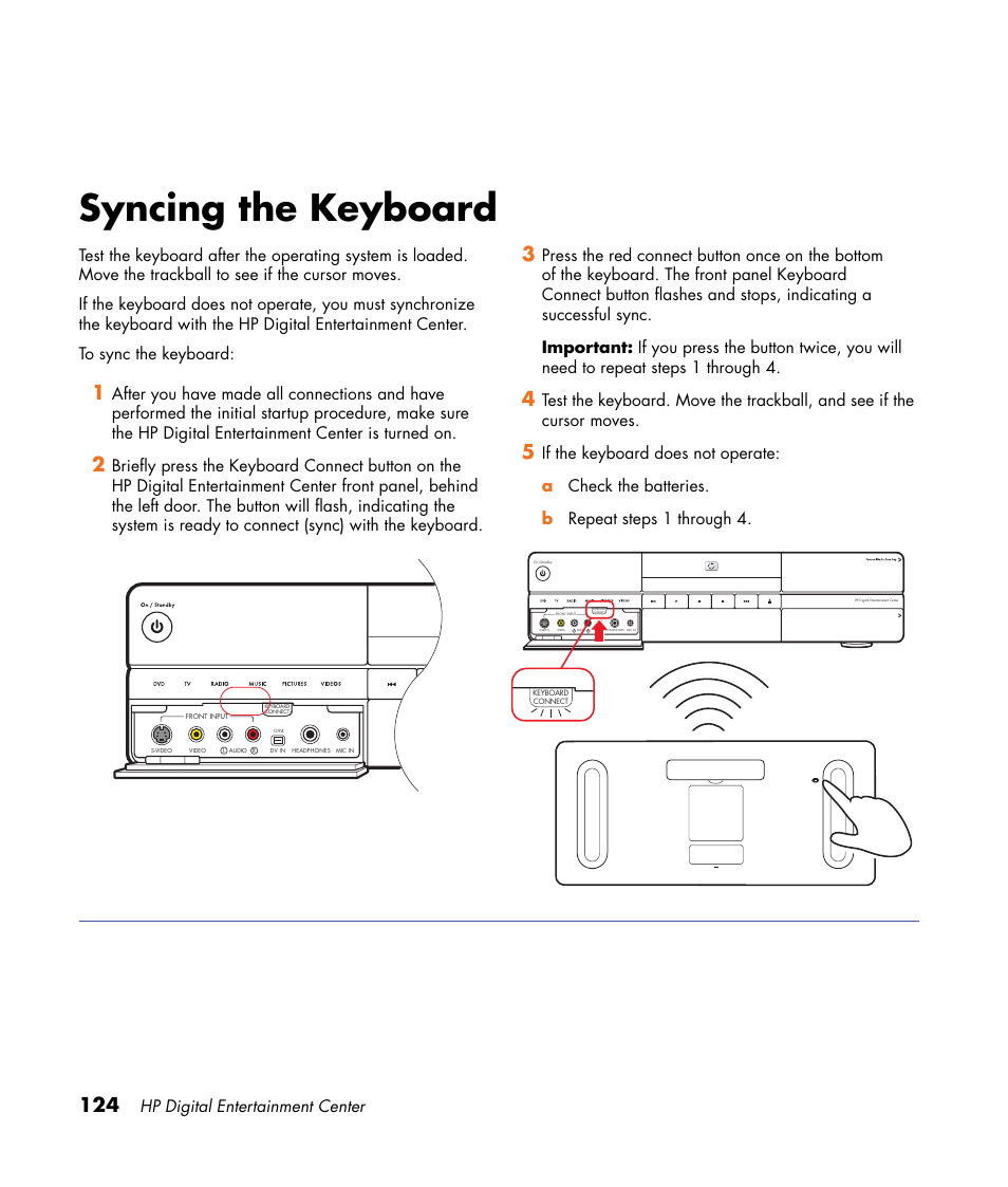 Syncing the keyboard, Hp digital entertainment center | HP 2000491 User Manual | Page 130 / 180