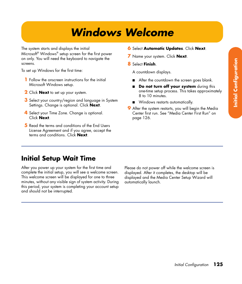 Windows welcome, Initial setup wait time | HP 2000491 User Manual | Page 131 / 180