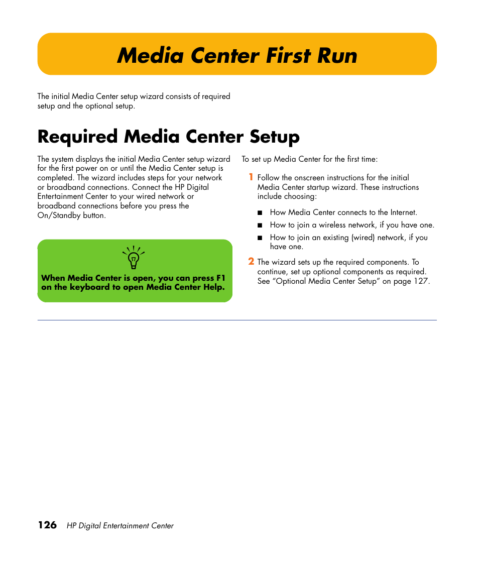 Media center first run, Required media center setup | HP 2000491 User Manual | Page 132 / 180