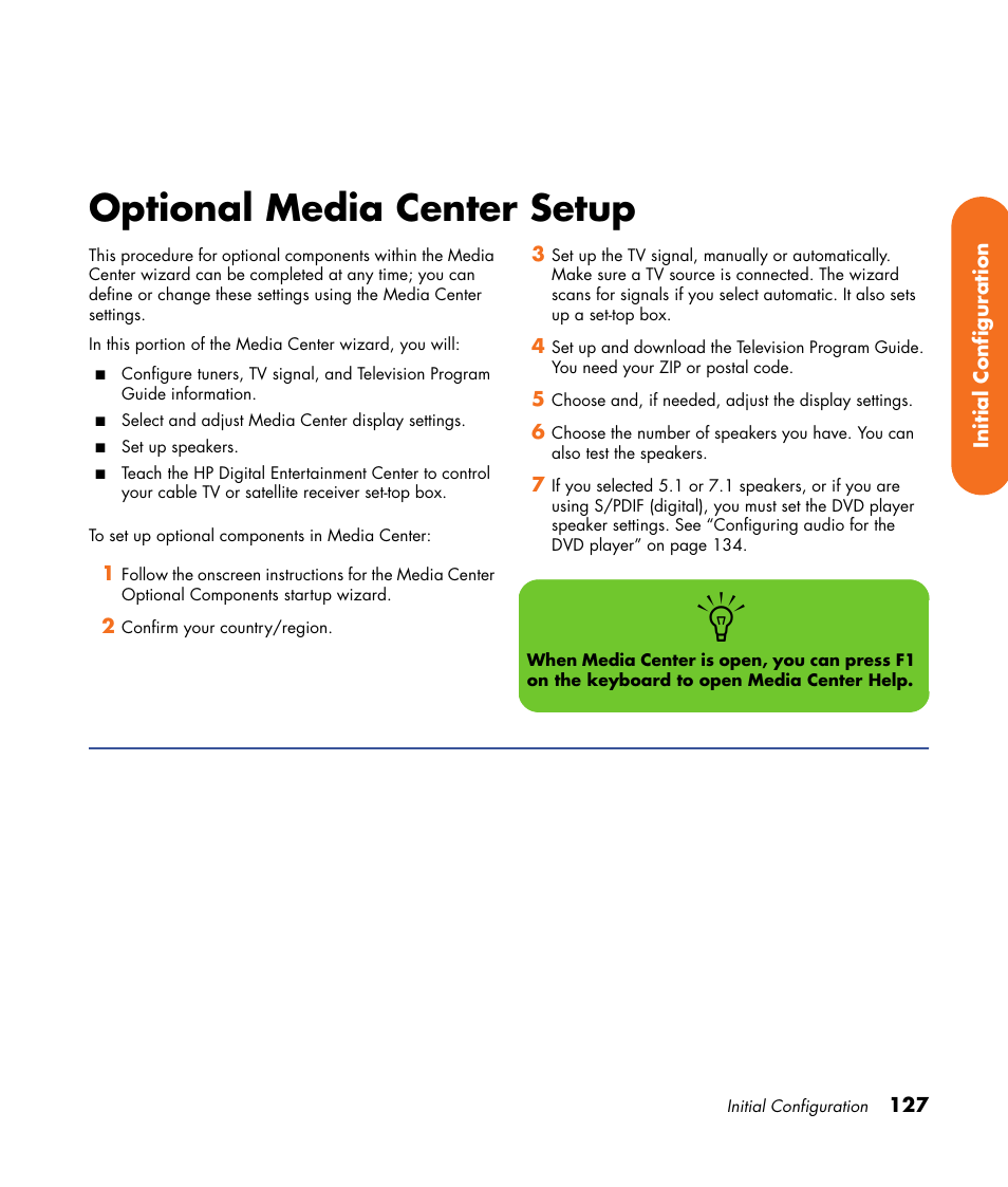 Optional media center setup | HP 2000491 User Manual | Page 133 / 180