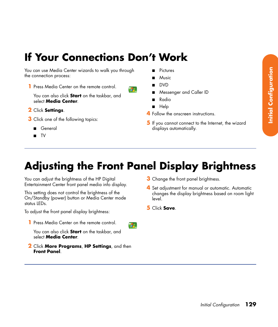 If your connections don’t work, Adjusting the front panel display brightness | HP 2000491 User Manual | Page 135 / 180