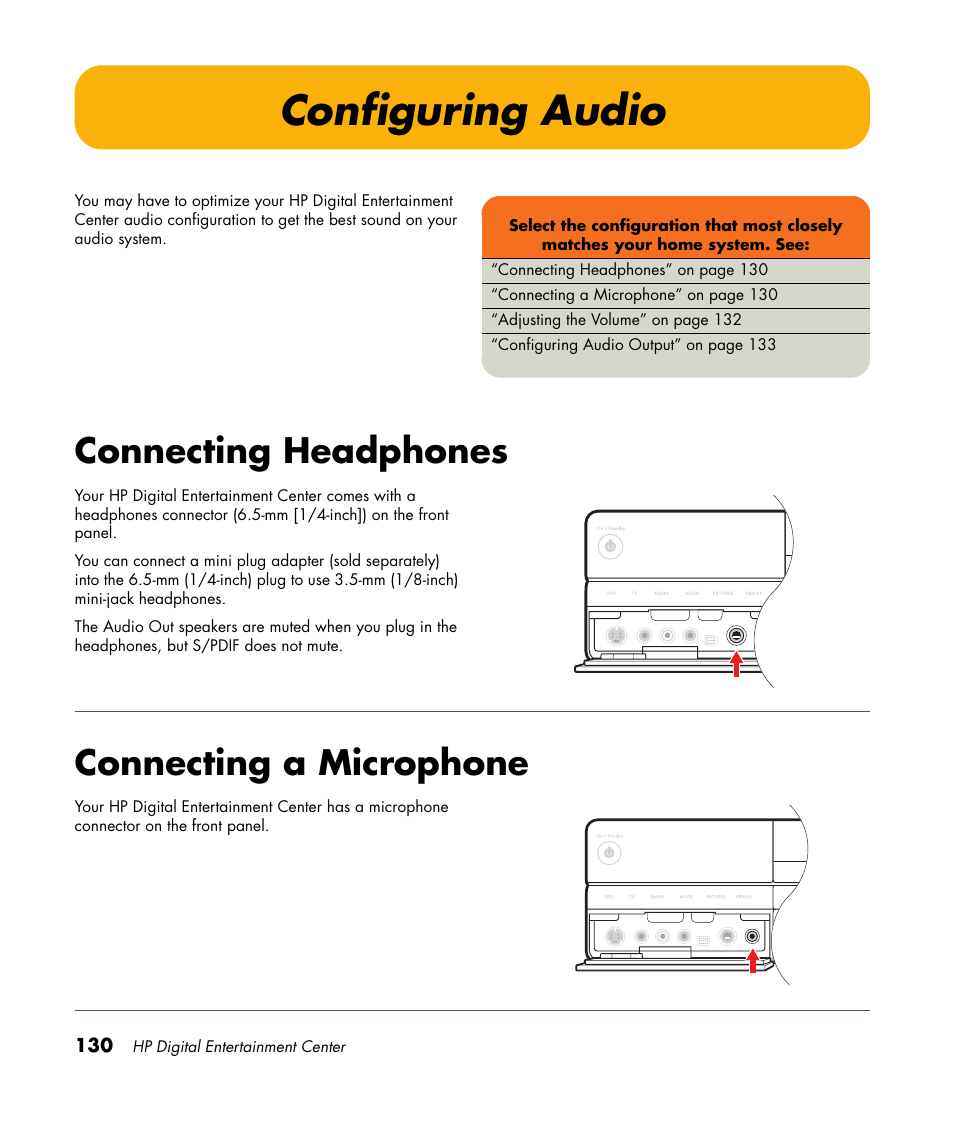 Configuring audio, Connecting headphones, Connecting a microphone | Connecting headphones connecting a microphone | HP 2000491 User Manual | Page 136 / 180