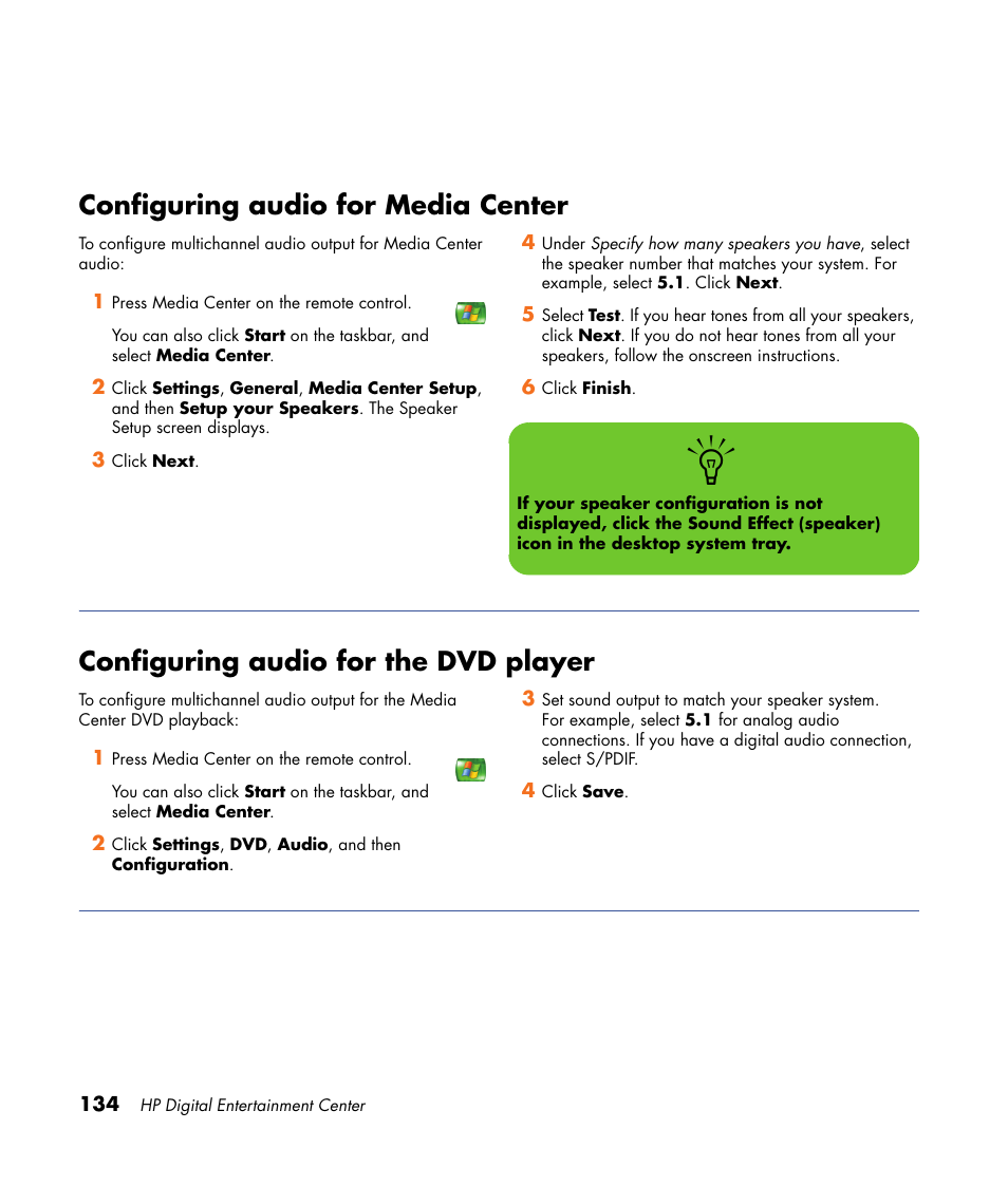 Configuring audio for media center, Configuring audio for the dvd player | HP 2000491 User Manual | Page 140 / 180