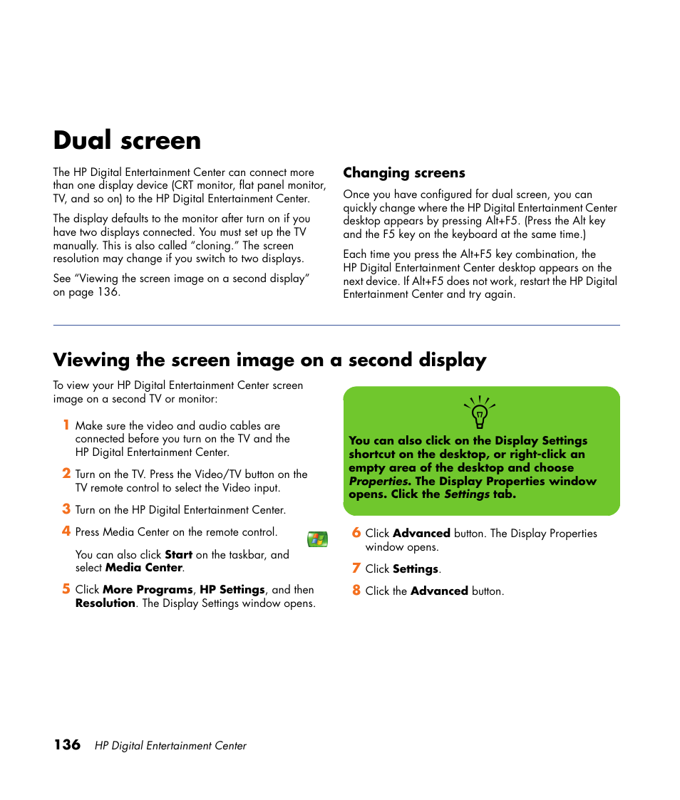 Dual screen, Viewing the screen image on a second display | HP 2000491 User Manual | Page 142 / 180