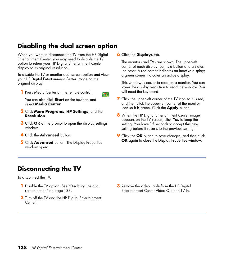 Disabling the dual screen option, Disconnecting the tv | HP 2000491 User Manual | Page 144 / 180