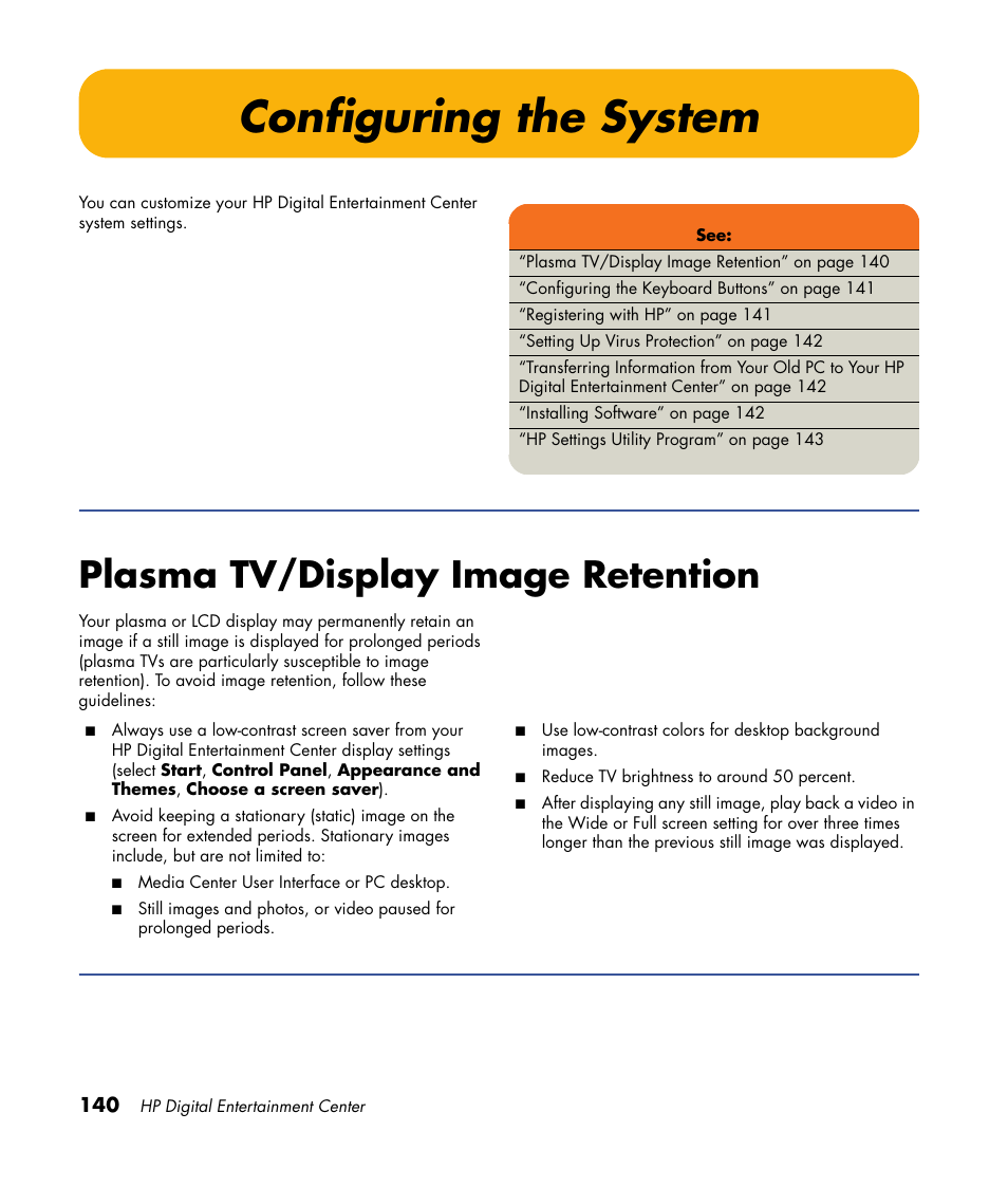 Configuring the system, Plasma tv/display image retention | HP 2000491 User Manual | Page 146 / 180