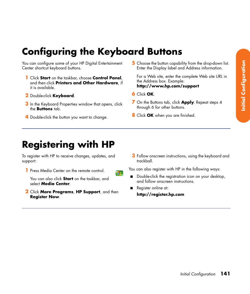 Configuring the keyboard buttons, Registering with hp | HP 2000491 User Manual | Page 147 / 180