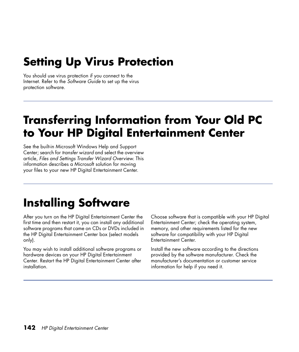 Setting up virus protection, Installing software, To your hp digital entertainment center | HP 2000491 User Manual | Page 148 / 180