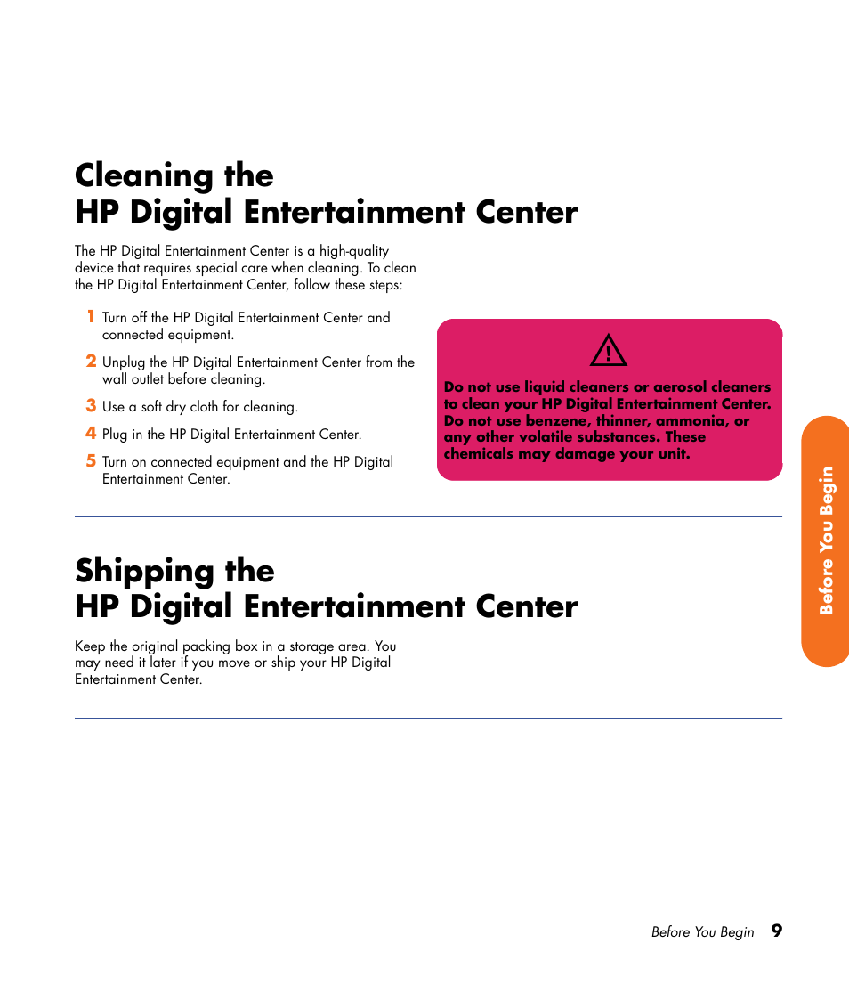 Cleaning the hp digital entertainment center, Shipping the hp digital entertainment center, Cleaning the | Hp digital entertainment center, Shipping the | HP 2000491 User Manual | Page 15 / 180