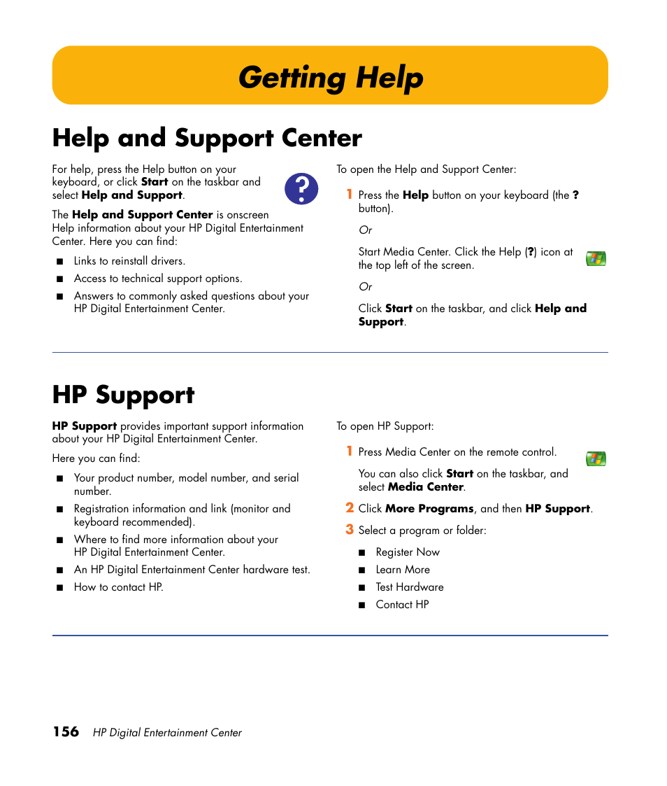 Getting help, Help and support center, Hp support | Help and support center hp support | HP 2000491 User Manual | Page 162 / 180