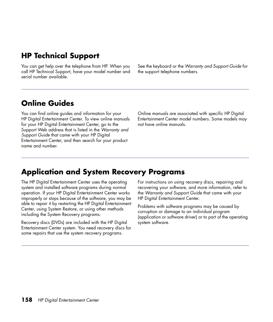 Hp technical support, Online guides, Application and system recovery programs | HP 2000491 User Manual | Page 164 / 180
