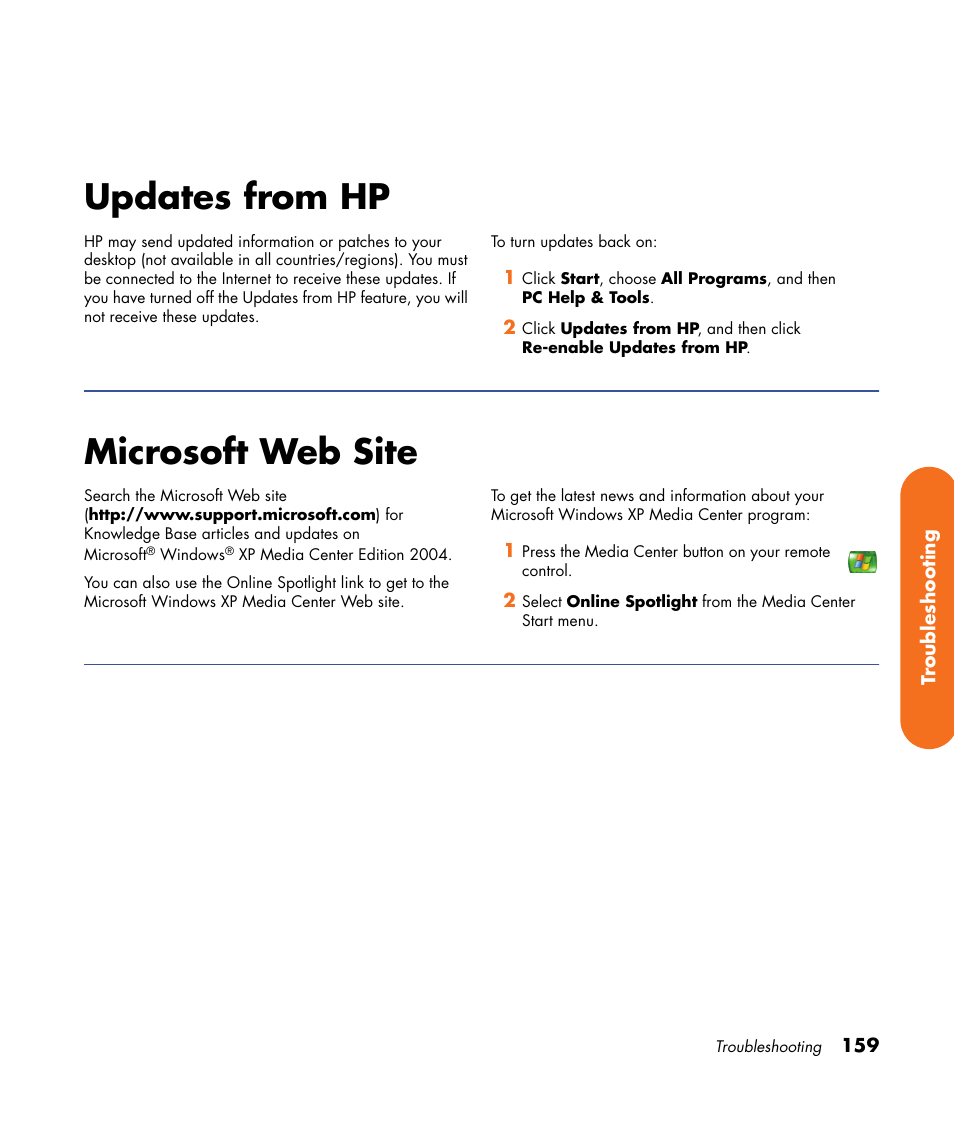 Updates from hp, Microsoft web site, Updates from hp microsoft web site | HP 2000491 User Manual | Page 165 / 180