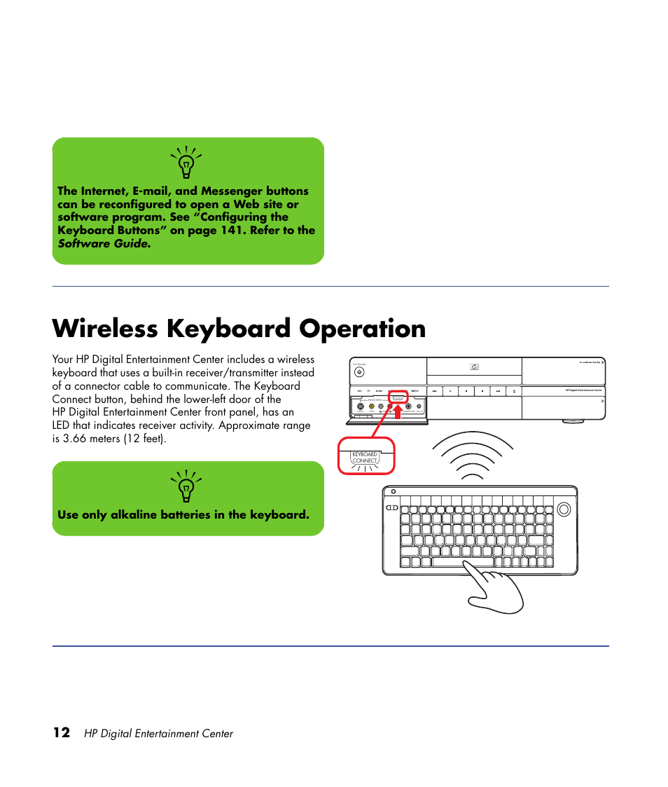 Wireless keyboard operation, Hp digital entertainment center, Use only alkaline batteries in the keyboard | HP 2000491 User Manual | Page 18 / 180