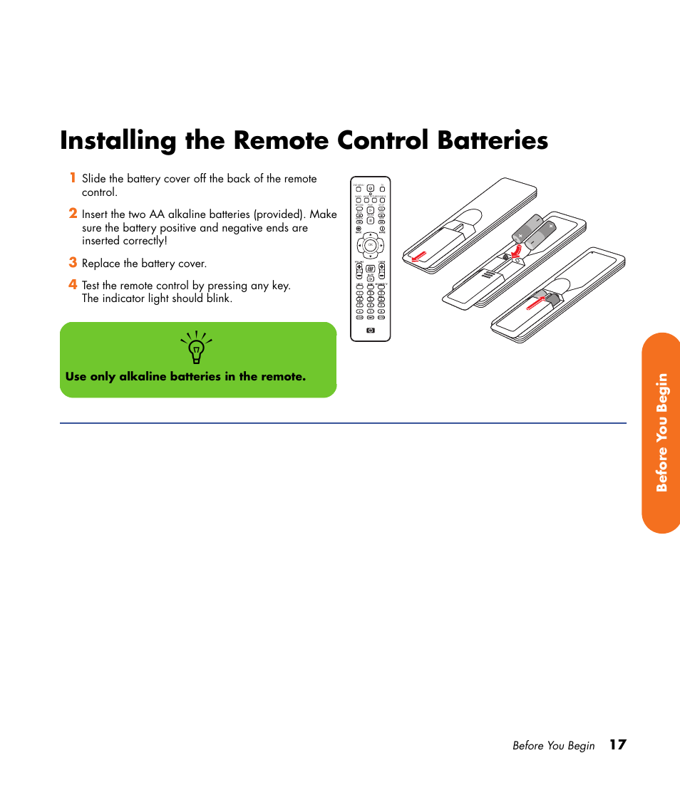 Installing the remote control batteries | HP 2000491 User Manual | Page 23 / 180