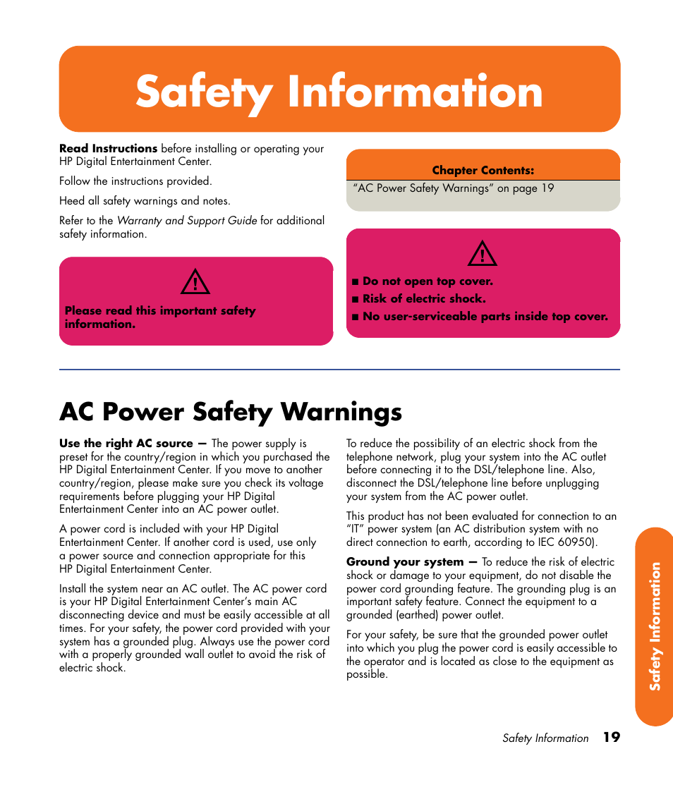 Safety information, Ac power safety warnings | HP 2000491 User Manual | Page 25 / 180