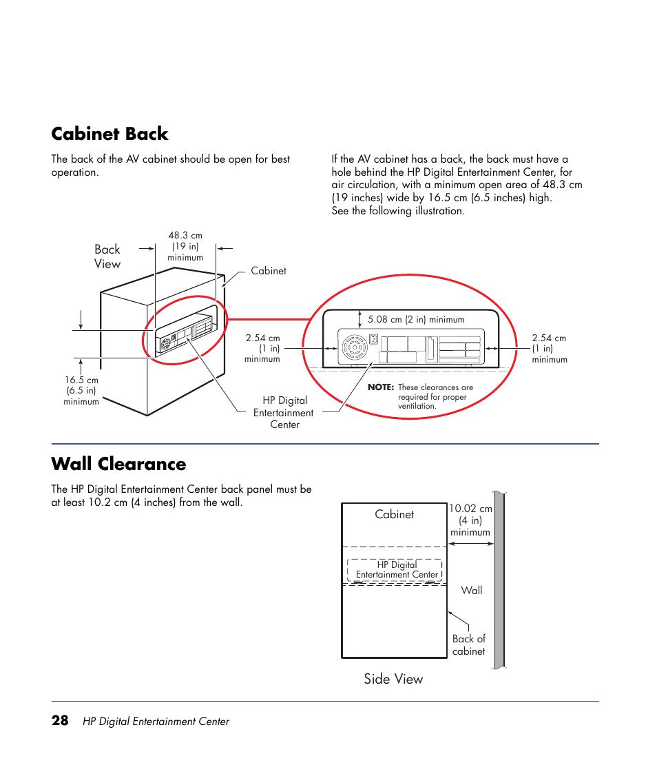 Cabinet back, Wall clearance, Side view | HP 2000491 User Manual | Page 34 / 180