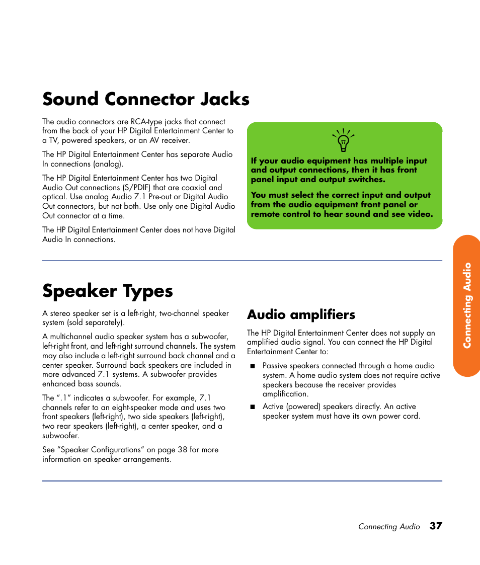 Sound connector jacks, Speaker types, Sound connector jacks speaker types | Audio amplifiers | HP 2000491 User Manual | Page 43 / 180