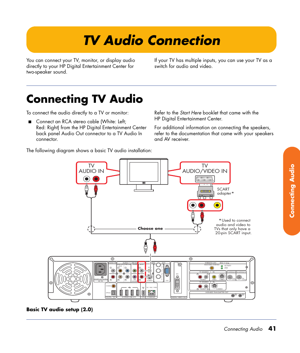 Tv audio connection, Connecting tv audio, 41 connecting audio | Tv audio in tv audio/video in, Connecting audio, Scart adapter | HP 2000491 User Manual | Page 47 / 180
