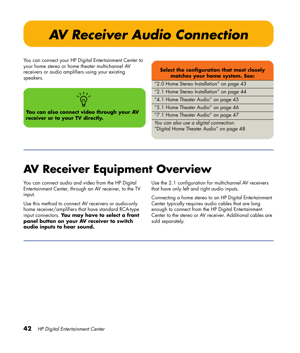 Av receiver audio connection, Av receiver equipment overview | HP 2000491 User Manual | Page 48 / 180