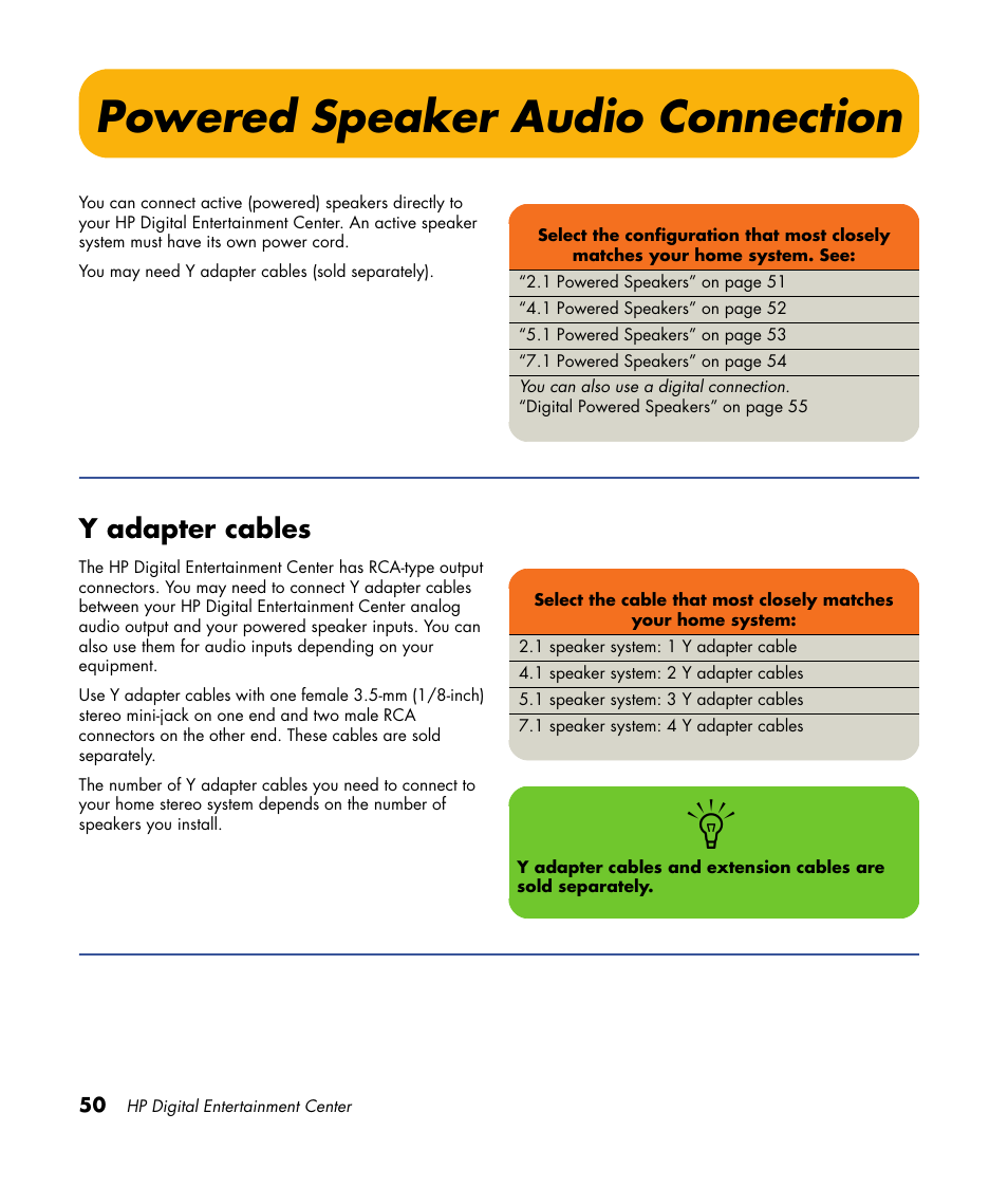 Powered speaker audio connection, Y adapter cables | HP 2000491 User Manual | Page 56 / 180