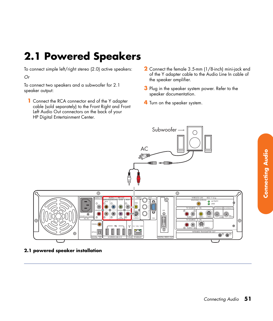 1 powered speakers, 51 connecting audio, Ac subwoofer | Connecting audio | HP 2000491 User Manual | Page 57 / 180