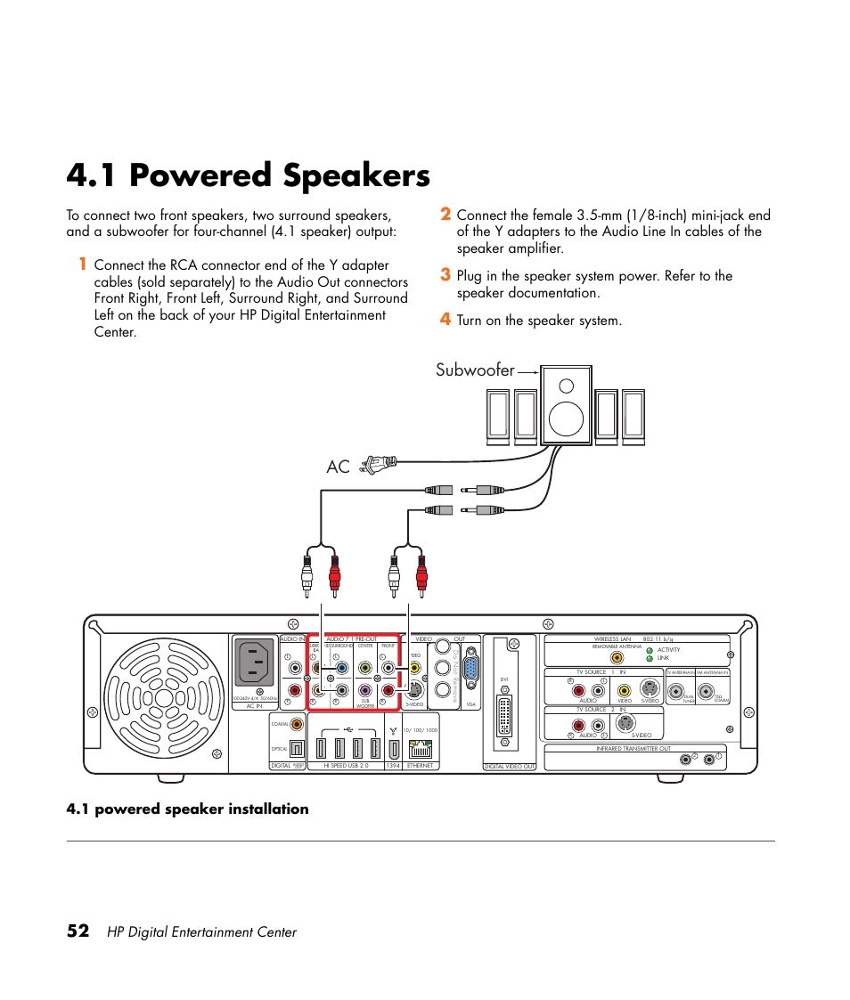 1 powered speakers, Subwoofer ac, Hp digital entertainment center | HP 2000491 User Manual | Page 58 / 180