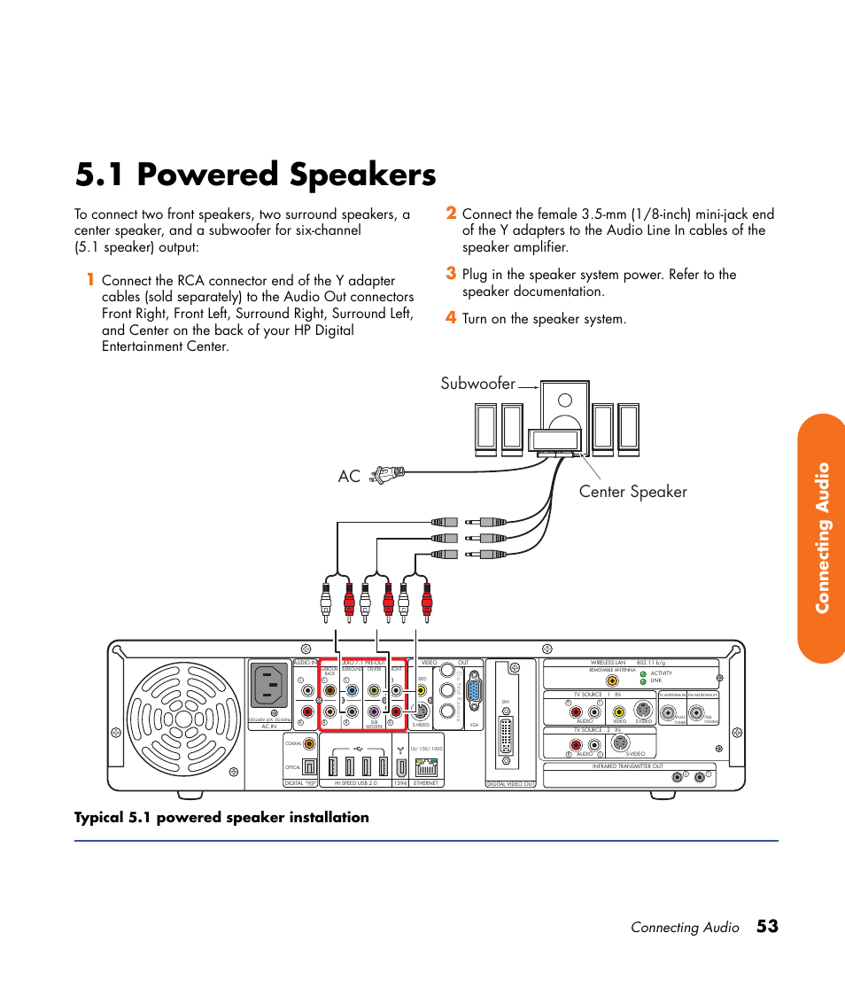 1 powered speakers, 53 connecting audio, Subwoofer center speaker ac | Connecting audio | HP 2000491 User Manual | Page 59 / 180