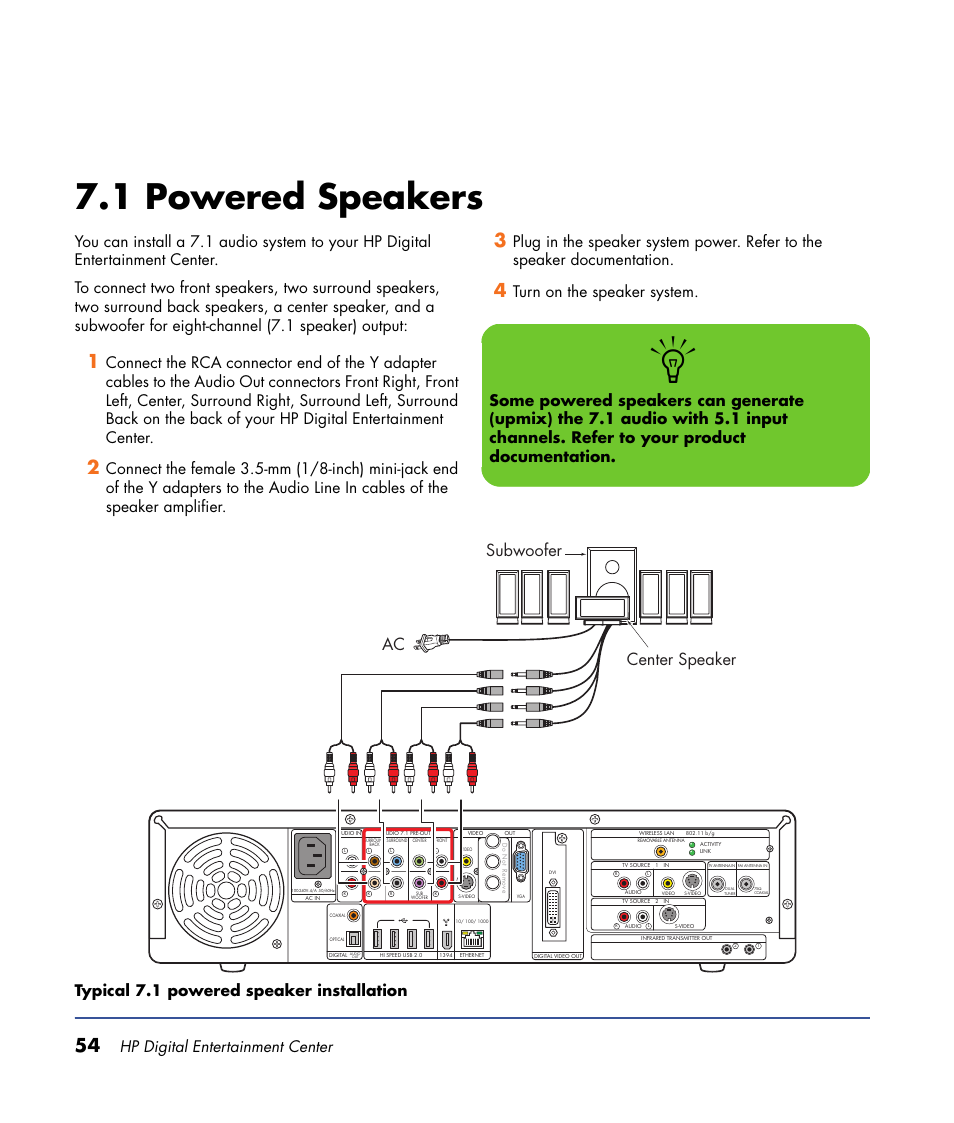 1 powered speakers, Subwoofer center speaker ac, Hp digital entertainment center | HP 2000491 User Manual | Page 60 / 180