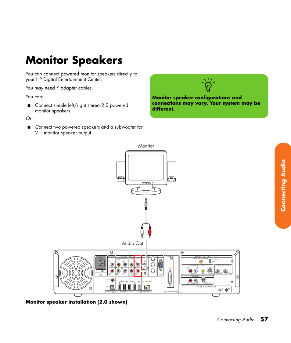 Monitor speakers, 57 connecting audio, Connecting audio | Audio out monitor | HP 2000491 User Manual | Page 63 / 180