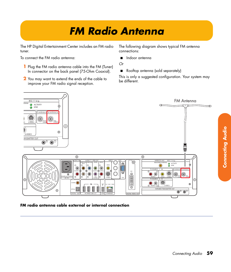 Fm radio antenna, 59 connecting audio, Fm antenna | Connecting audio, Indoor antenna or | HP 2000491 User Manual | Page 65 / 180